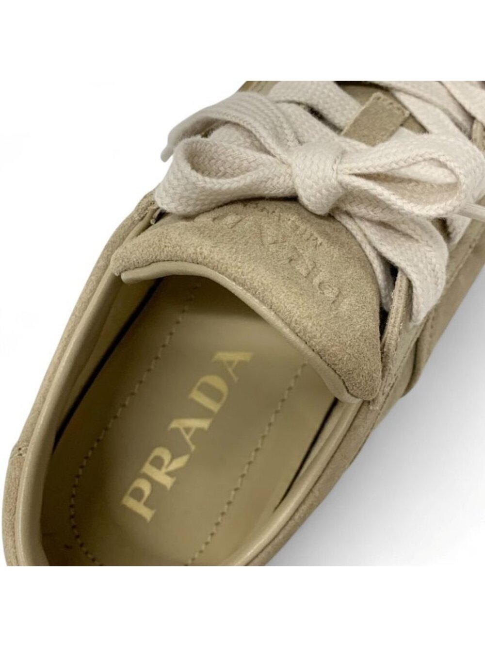Prada Downtown Sneakers Shoes Delave Suede Beige Gold Logo - Picture 7 of 10